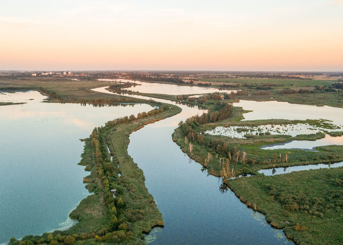 Peene-floden i Mecklenburg-Vorpommern med drone